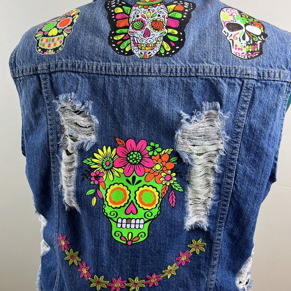 Distressed Denim Vest - One of A Kind - Customized with Day of the Dead Skulls - Picture 9 of 13